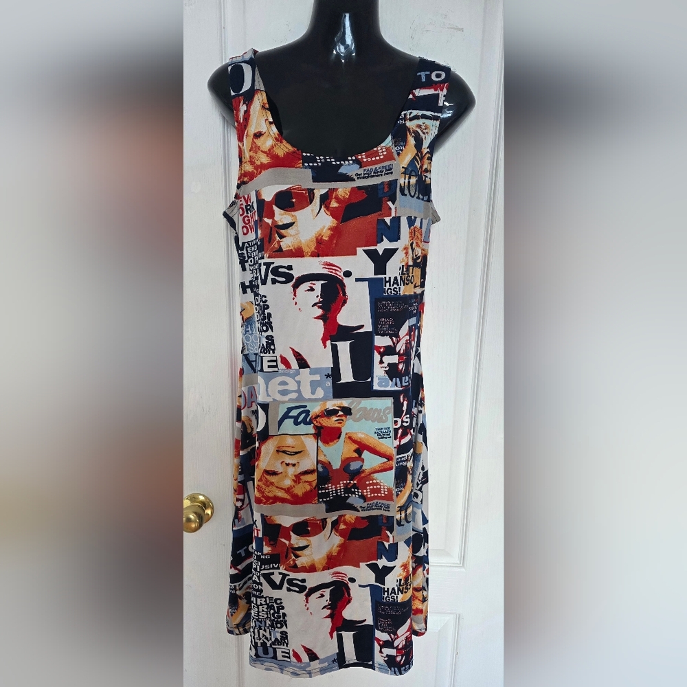 Vintage 90s Y2k Raver Graphic Magazine Print Sleeveless Dress